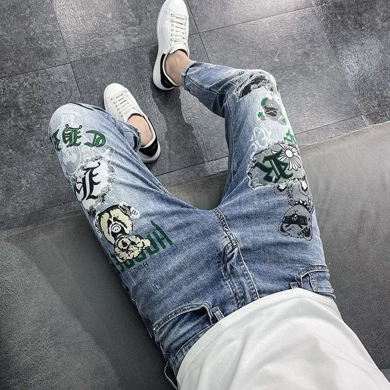 

Men's Clothing Spring and Summer high quality Stretch Jeans All-match Trendy Slim-fit Skinny Pants Printed Y2K Pants