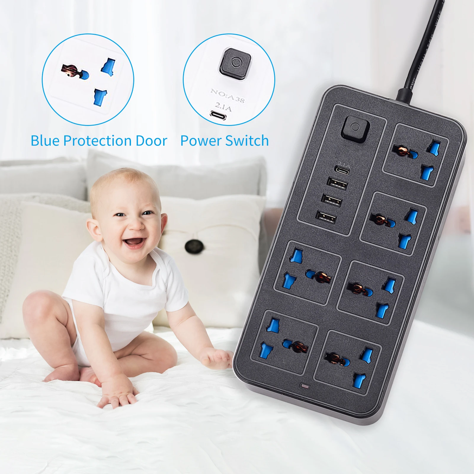 Power Strip With 6 AC Sockets & 3 USB 1 Type C Port 6FT Extension Cord Surge Protector for Home Office Dorm Power Button Safe to