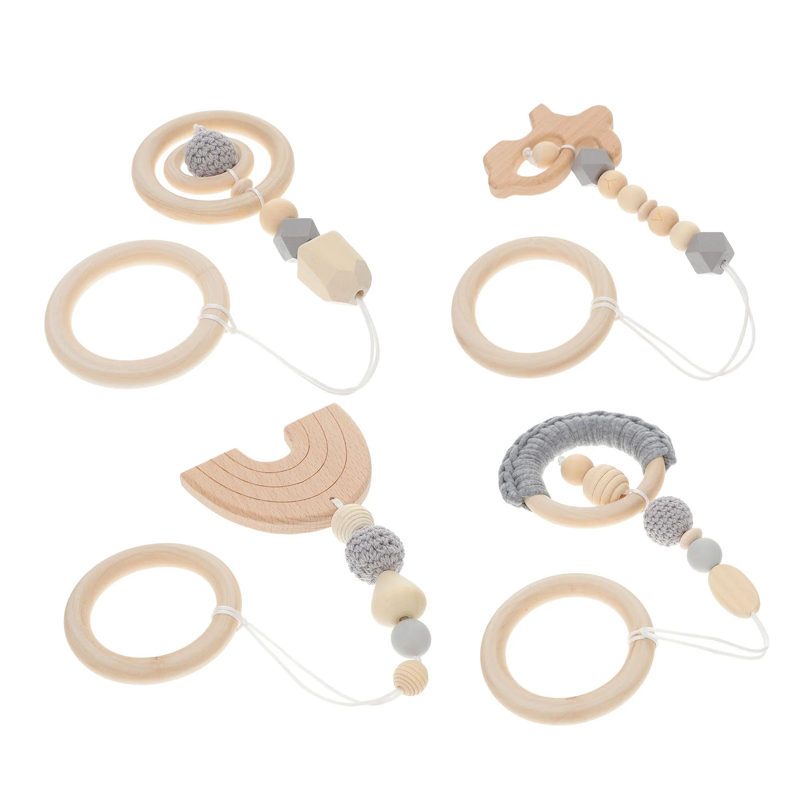 

4 Pcs Baby Stroller Hanging Toy Gym Rack Toys Infant Beaded Pendant Wooden Newborn Khaki