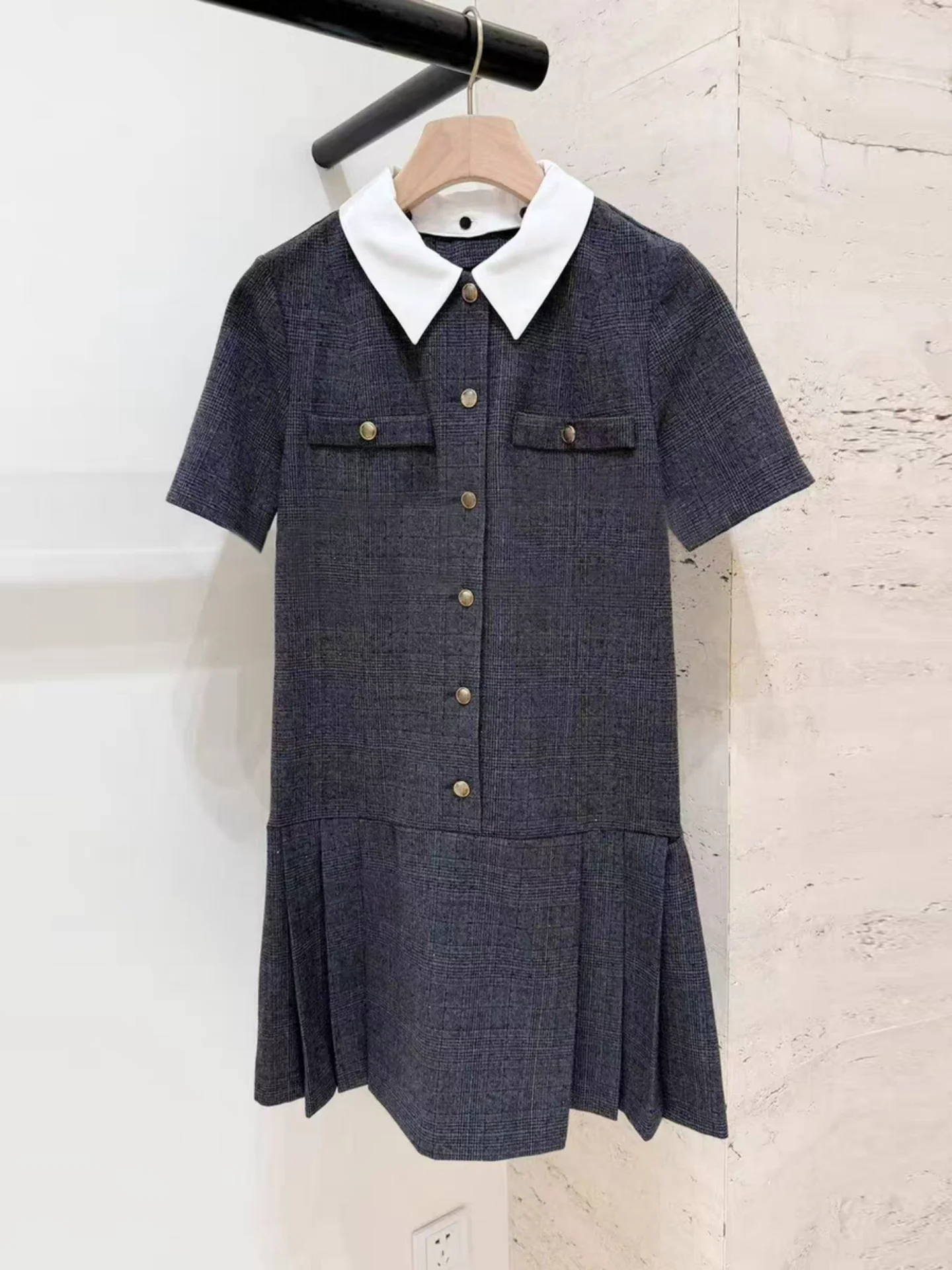 

Плиссированная юбка-трапеция в клетку с воротником, осенняя, в студенческом стиле, женская, с высокой талией, повседневная одежда