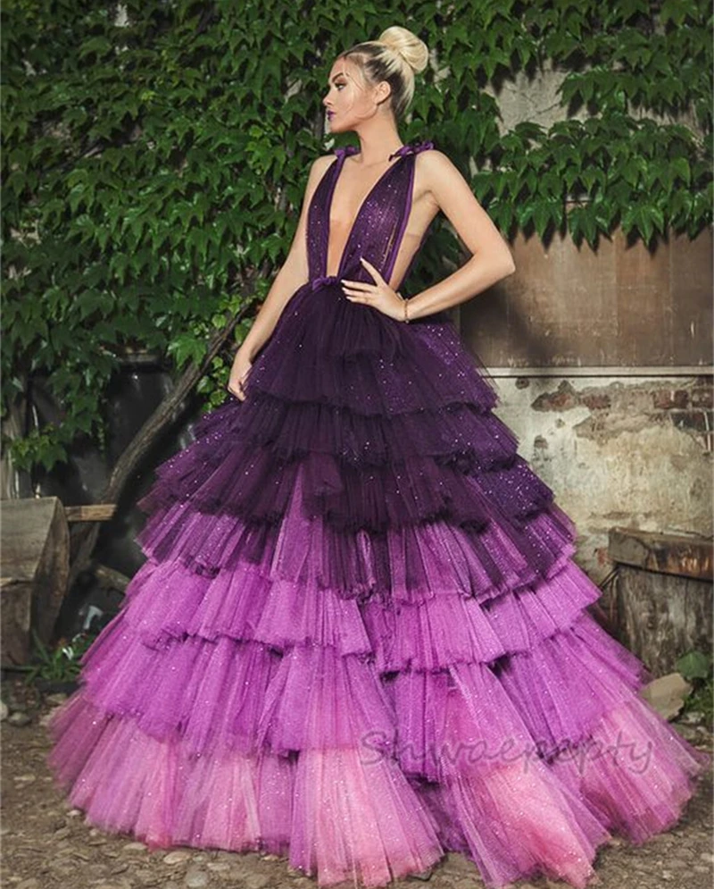 Tiered Mix Purple Colorful Evening Dresses For Women Deep V-Neck Floor Length Tulle Prom Special Occasion Party Wear Customized