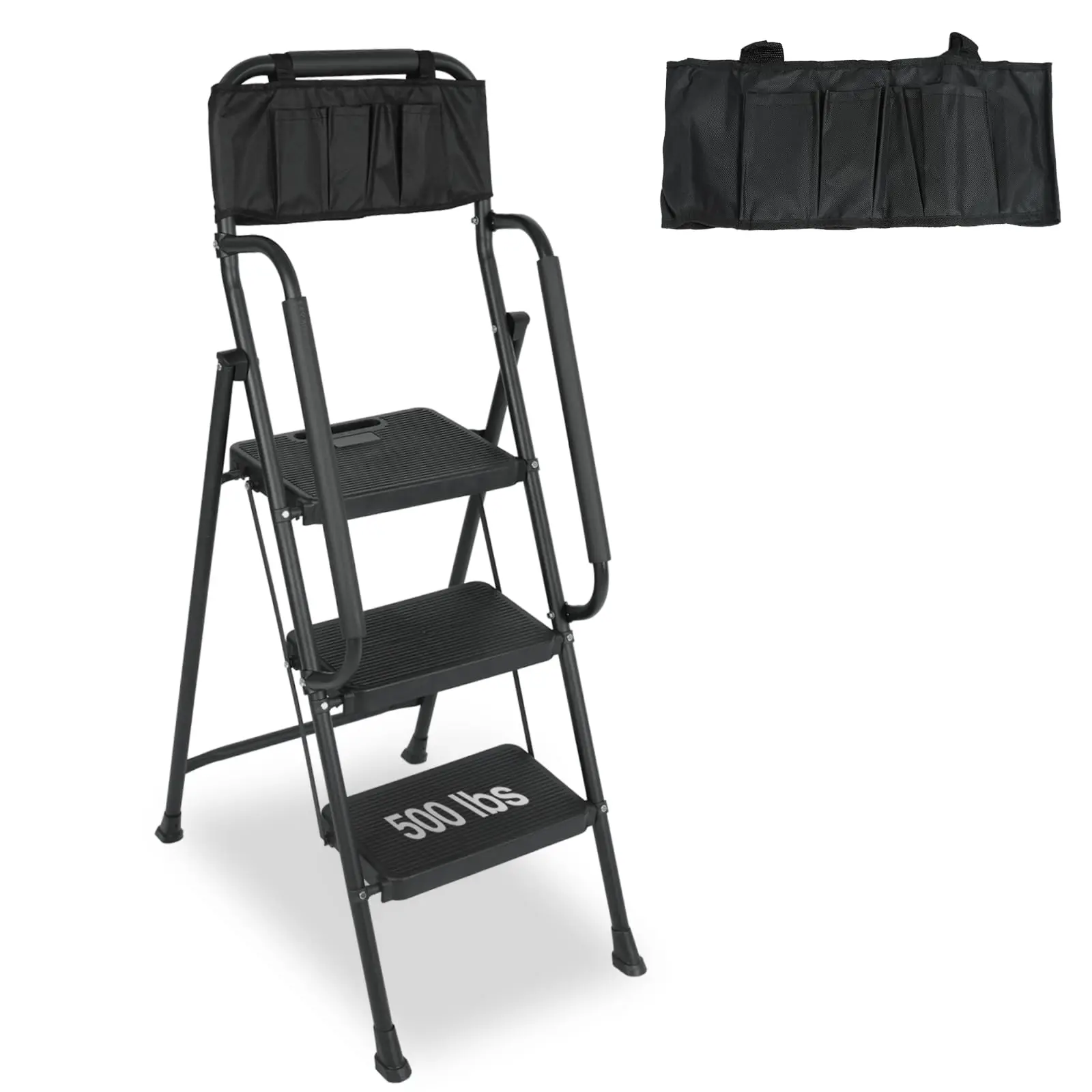 BLACKHORSE-RACING 3 Step Ladder with Handrails & Attachable Tool Bag, 500 lbs Folding Step Stool Ladder, Wide Non-Slip