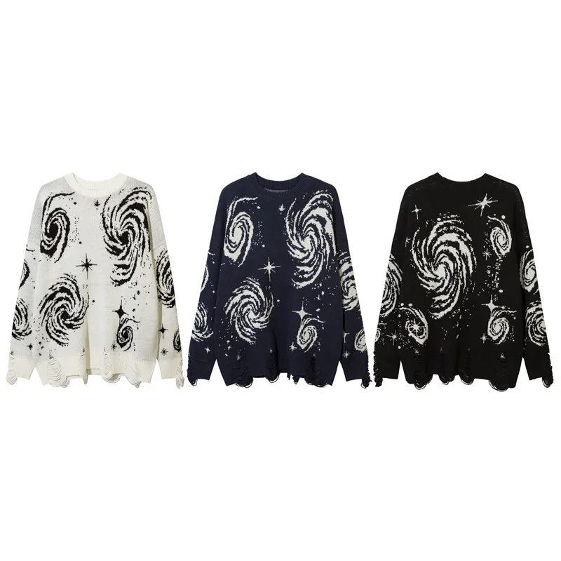 QICHE Unisex Loose Ripped Knit Sweater Y2K Vintage Wrinkle Swirl Line Print European American Streetwear Pullover