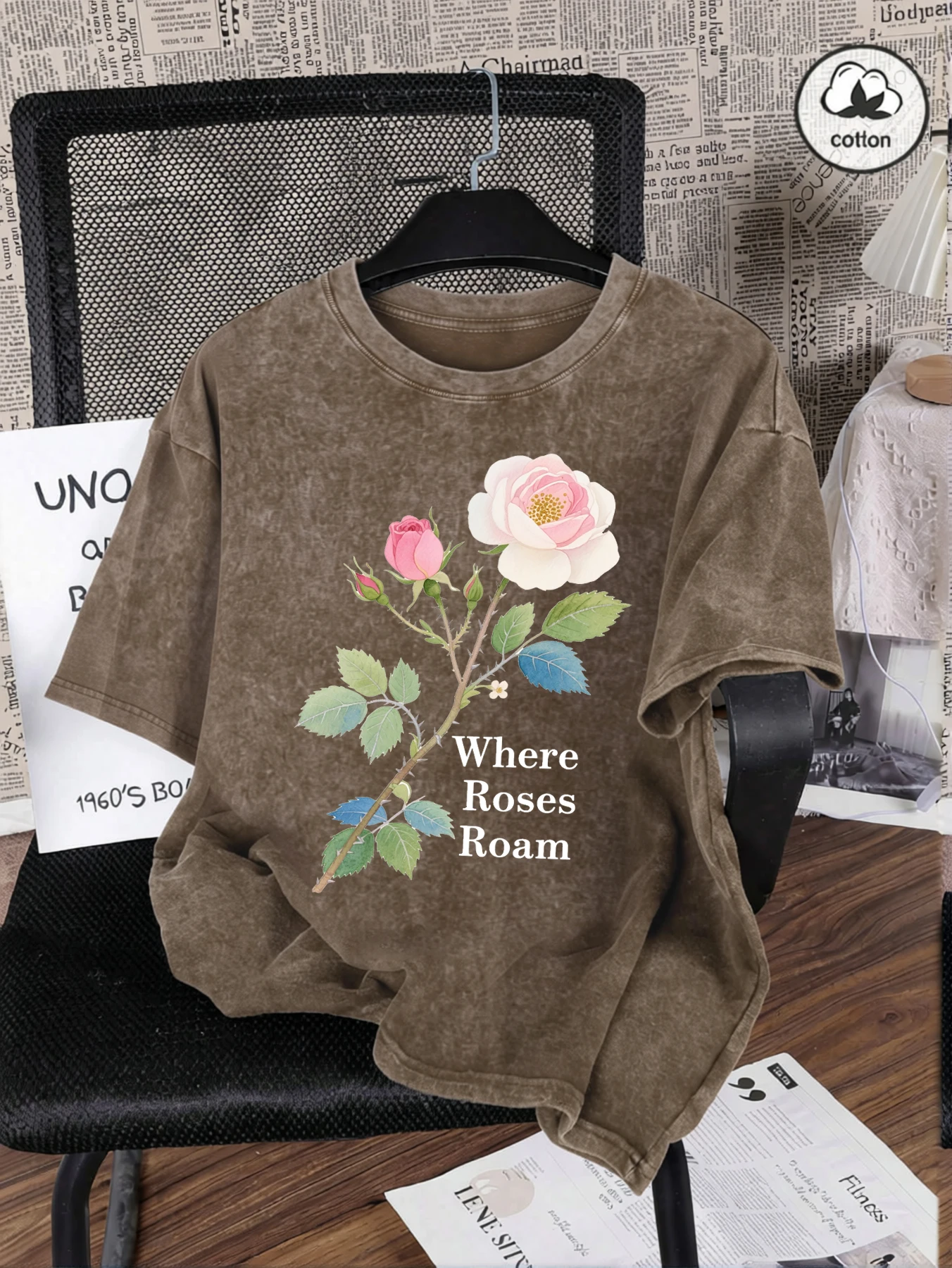 Schöne Rose mit Dornen drucken gewaschenes T-Shirt Damen Sommer All-Match Top übergroße T-Shirts O-Ausschnitt Vintage Baumwolle Streetwear