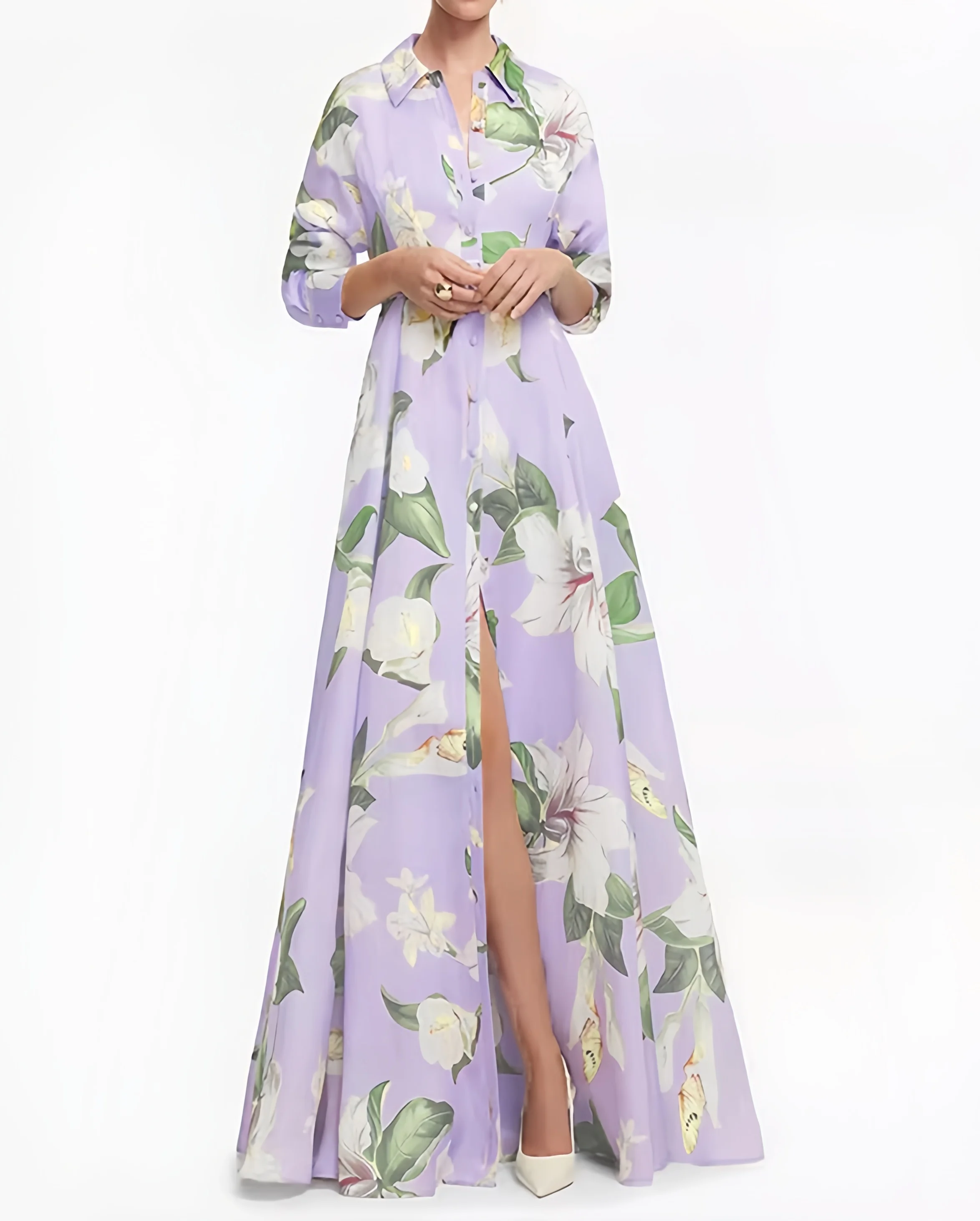 

Элегантное женское платье с принтом фиолетовой флоры, однобортное, с отложным воротником, длинным рукавом, облегающее, с завышенной талией