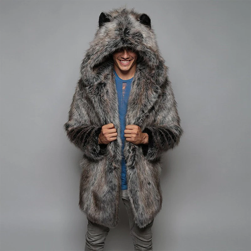 2023 New Faux Fox Fur Coat Men Winter Fake Fur Jacket Fashion Fluffy Hooded Long Jacket Outerwear Thick Warm Man's Overcoat