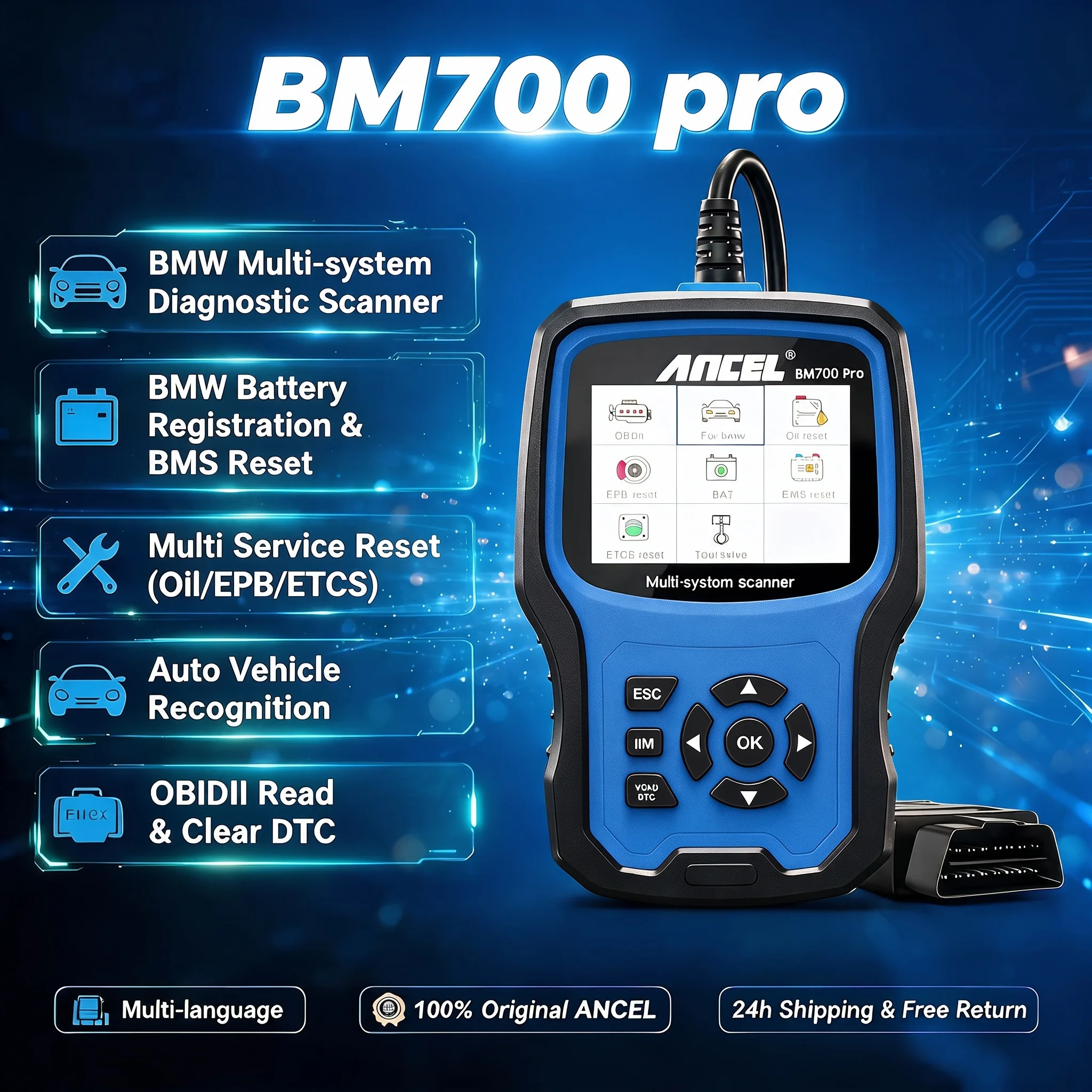 2026 ANCEL BM700 Pro OBD2 Scanner Auto Diagnostic Tool Full System Automotivo Scan CBS Reset Battery Registration Auto Tools