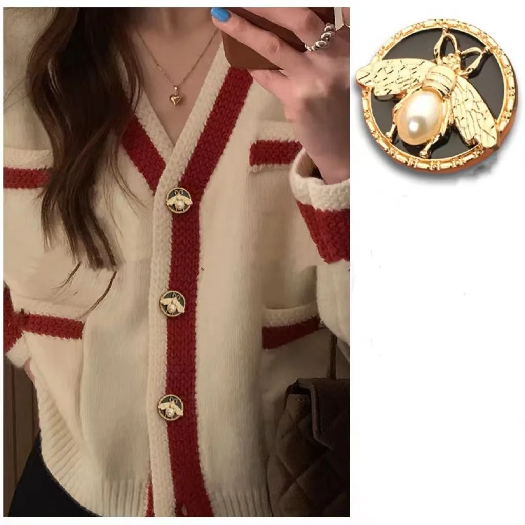 6PCS Round 3D Small Bee Pearl Button Gold Men Women Sweater Decorative for Clothing Sewing Accessories