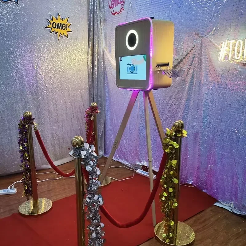 New Vintage Wood Grain Photo Booth 15.6 Inch Touchscreen with Printer and Camera for Event Party Selfie Station