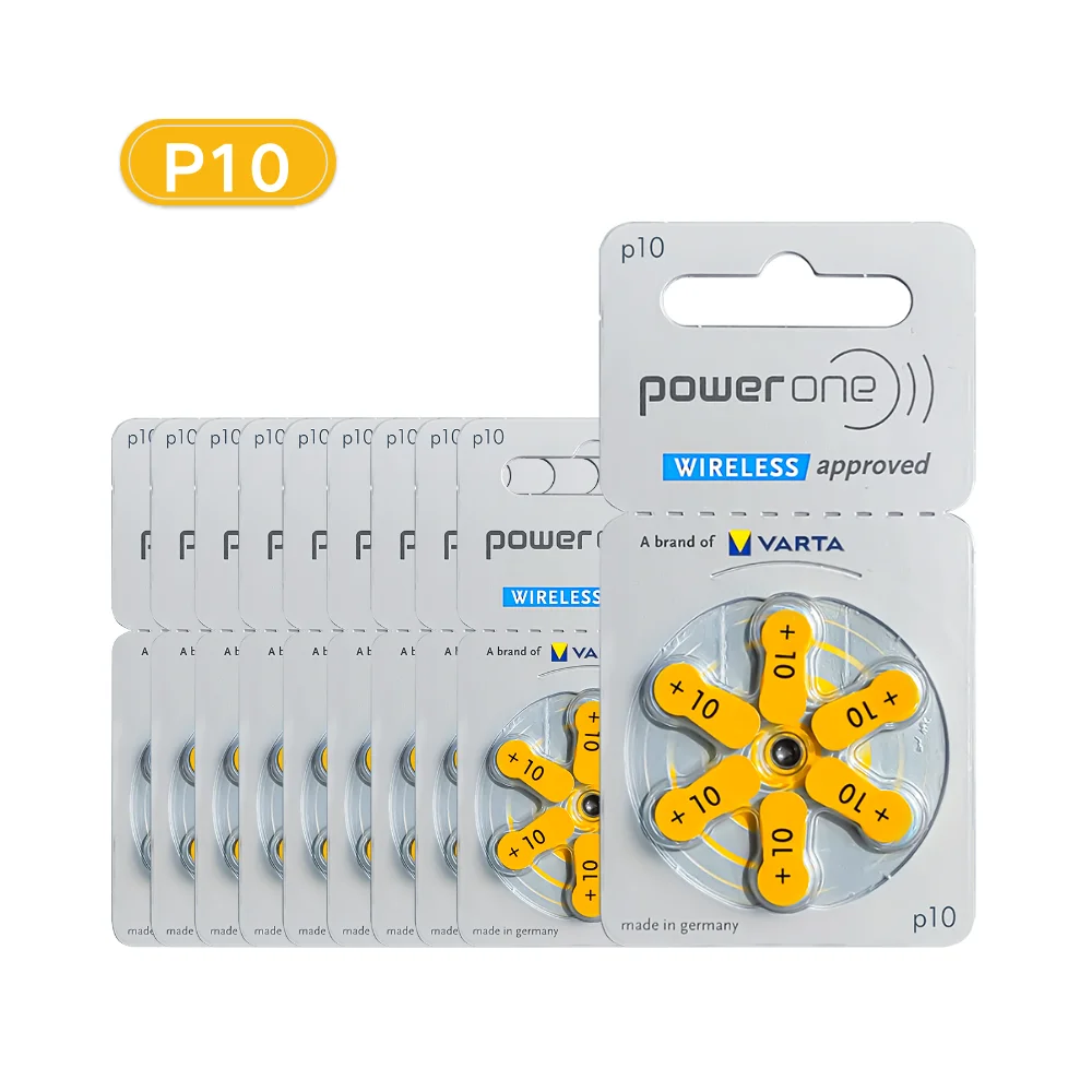 Baterias para aparelhos auditivos PowerOne P10 60 PCS 10 cartões Zinc Air 1.45V 10A 10 a10 PR48 Bateria para aparelhos auditivos