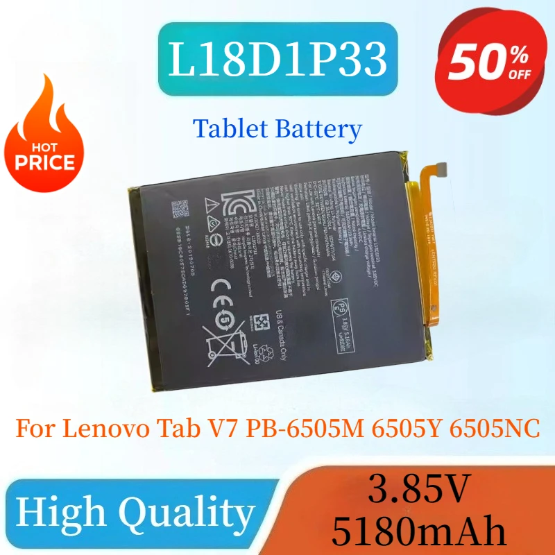 

100% New High Quality L18D1P33 3.85V 5180mAh Tablet Battery For Lenovo Tab V7 PB-6505M 6505Y 6505NC Batteries