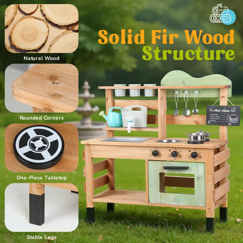 ชุดครัวโคลนกลางแจ้งสำหรับเด็ก - ก๊อกน้ำสมจริง อ่างล้างจานแบบถอดได้ และกล่องปลูกต้นไม้พร้อมกระถางรดน้ำ