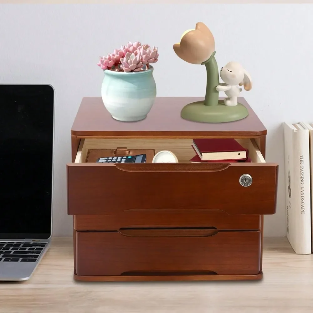 

CNCEST Wood Desk Organizer With 3 Drawers, Lockable Desktop Countertop Storage Cabinet For Home Office Supplies File Tabletop S