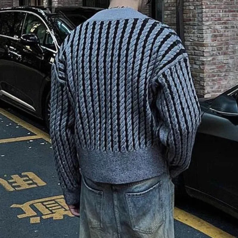 American Retro Color Contrast Vertical Twist Pattern Cardigan Men's Casual Zipper Sweater Coats Versatile High Street Knitwear