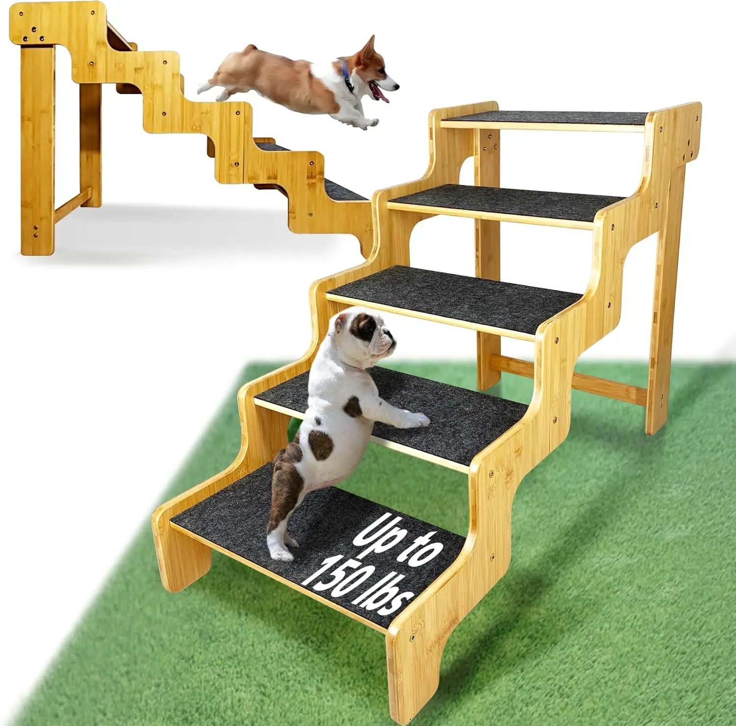 

24-Inch Modern 5-Step Dog Stairs Bed with 30-Inch High Car Access Bamboo Wood Construction Supports Large Dogs up to 160 LB