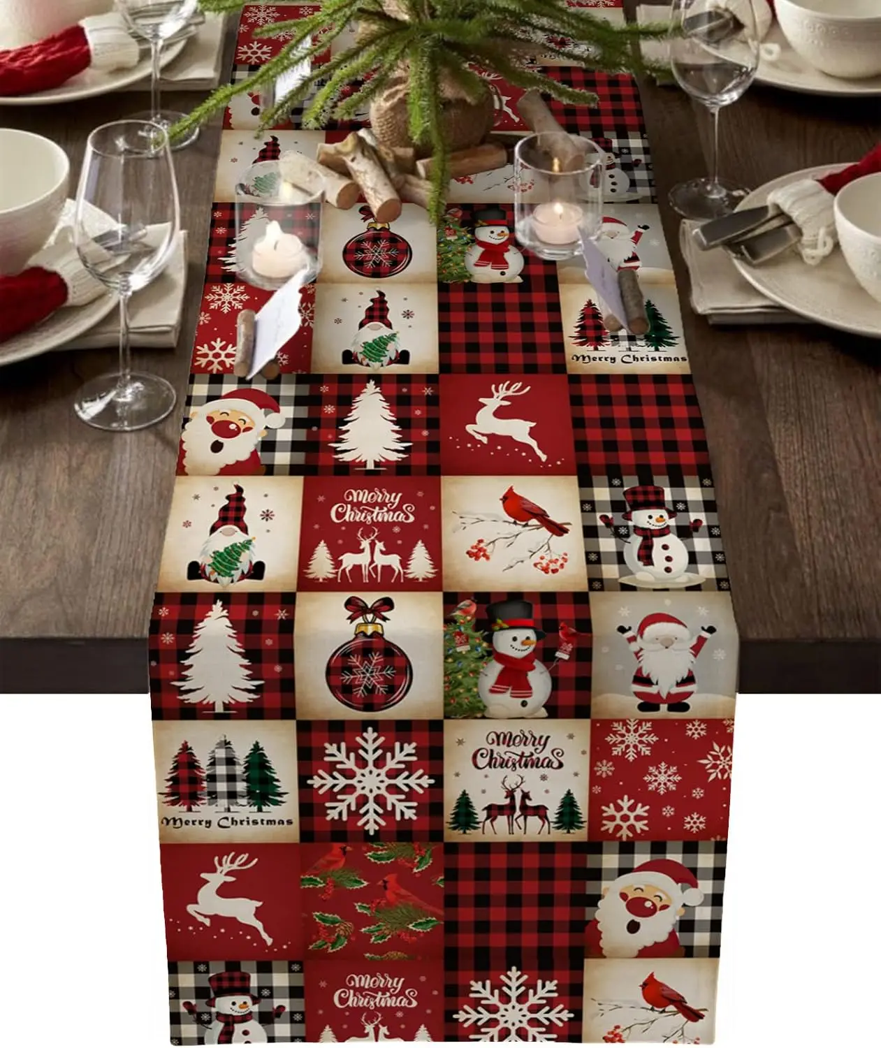 Christmas Gnomes Snowman Red Checkered Linen Table Runner Dresser Scarves Winter Xmas Kitchen Table Runner Navidad Decorations