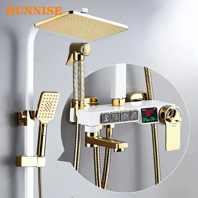 

Thermostatic Shower Set HUNNISE White Gold Brass Bathtub Faucet Hot Cold Baroom Tap Rainfall Shower Head Digital Bath Shower Set