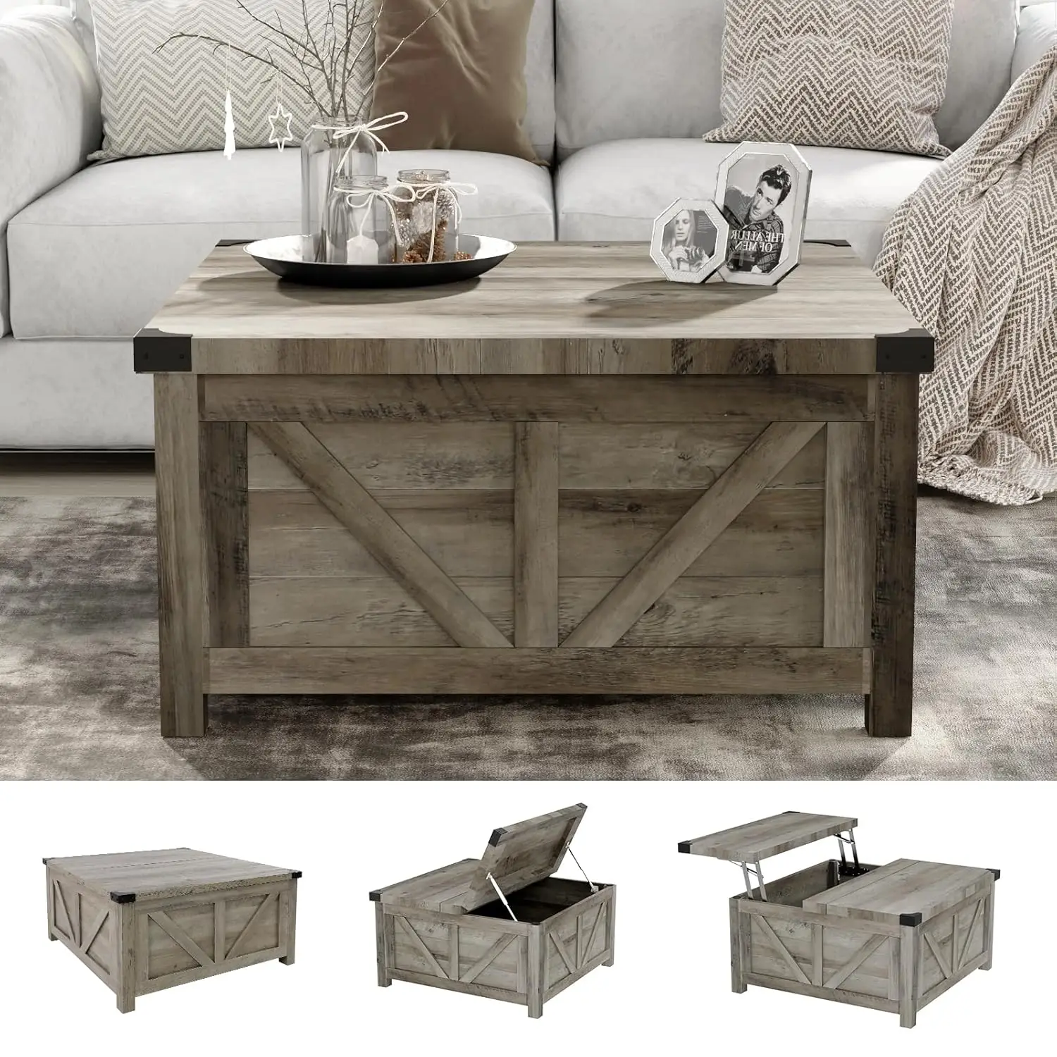 طاولة قهوة قابلة للرفع مع مساحة تخزين، طاولة مركزية مربعة خشبية مع محطة شحن ومنفذ USB، غرفة المعيشة #6