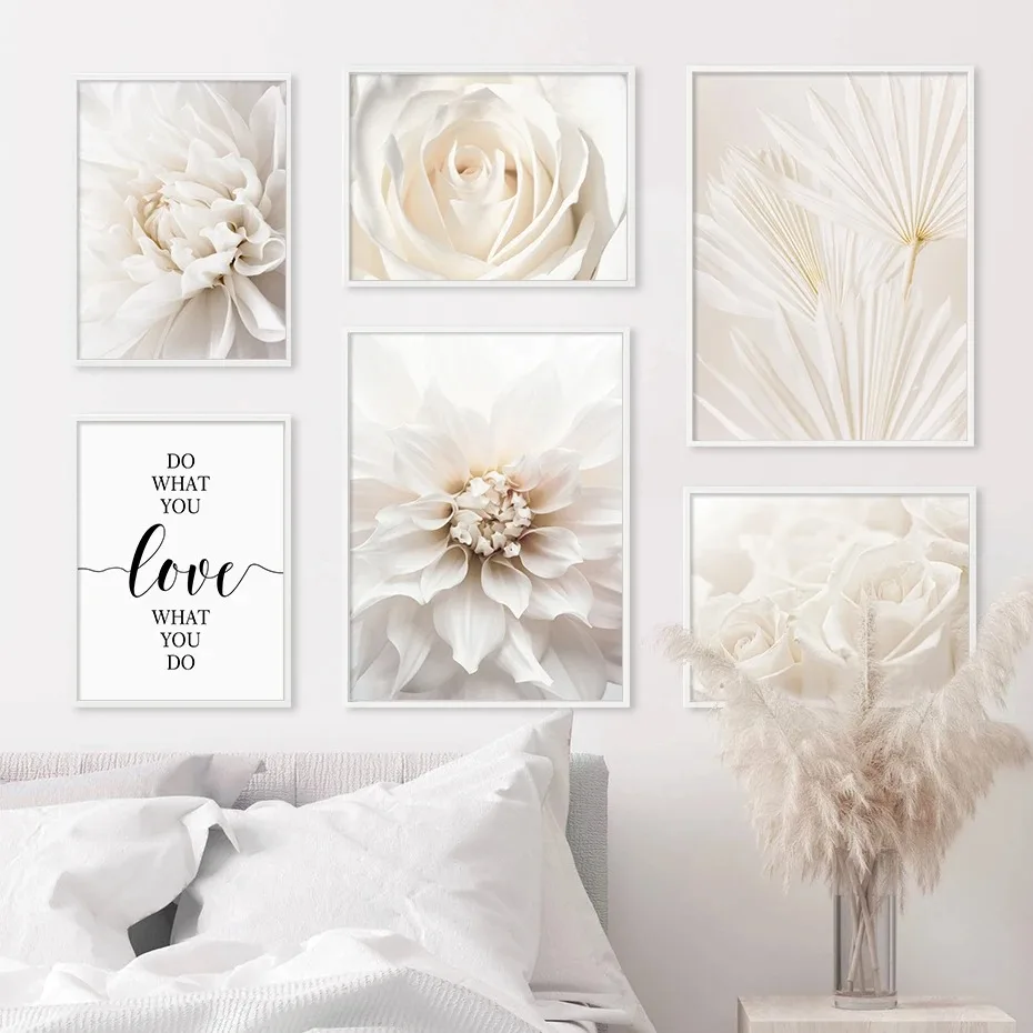 Pretty White Dahlia Rose Poster Romantic Flower Palm Leaf Kiss Canvas Paintings Wall Art Picture Prints Bedroom Decor Interior