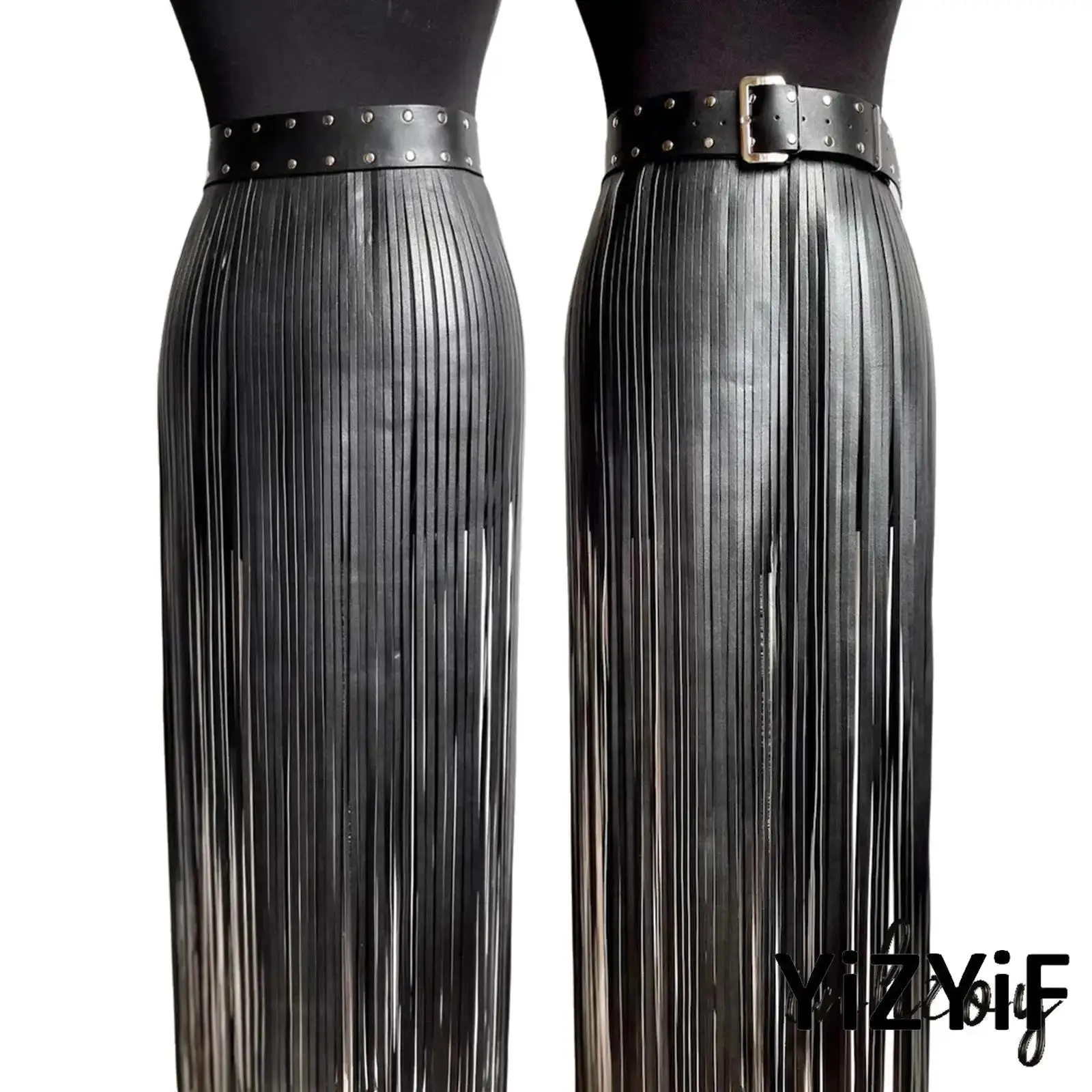 

Hot Women Goth Faux Leather Sexy Long Skirt Belt Halter Tassel Skirt Punk Rock for Party Club Bar Girl Wild Roleplay Masquerade