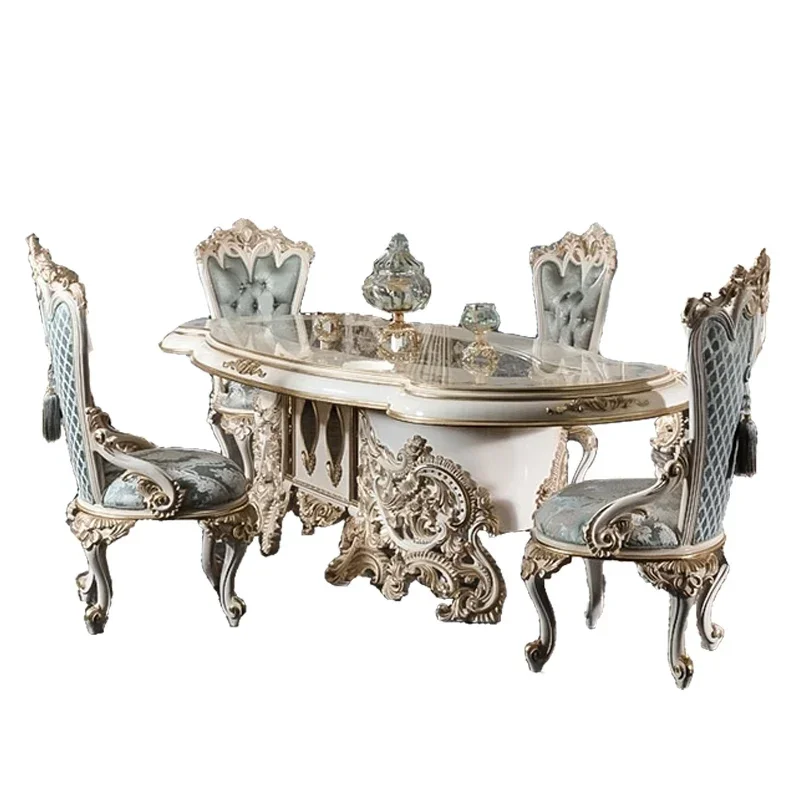 

European solid wood carving flower dining table and chair combination French style, villa luxury restaurant hand-painted