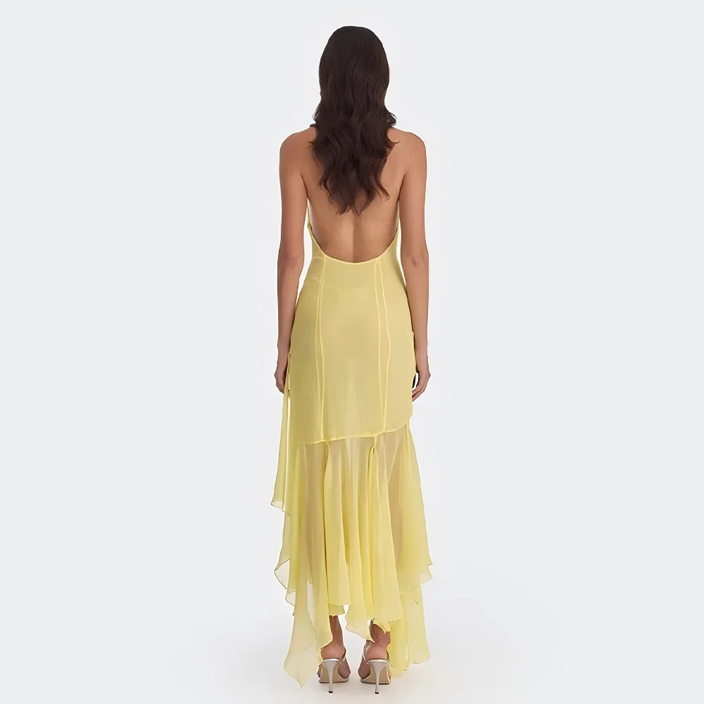Apprabant 夏ホルターシフォンシアーマキシドレス女性のセクシーなディープ V バックレスパッチワークリボンスリム A ラインロングドレスパーティーウェア
