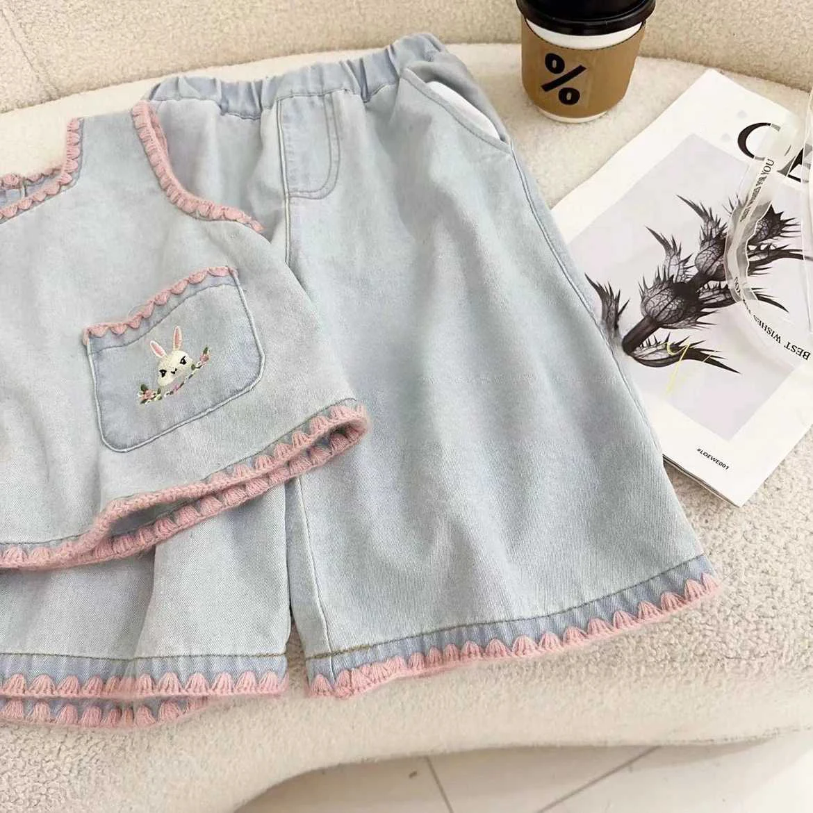 Set di pantaloni in Denim per ragazze 2 pezzi camicia senza maniche con colletto quadrato rosa a contrasto + pantaloni a gamba larga traspiranti a