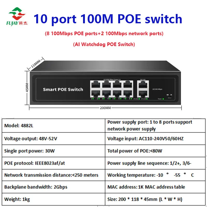 

8 портов 10/100M PoE + 2 порта 100M Ethernet Uplink AI промышленный poe коммутатор