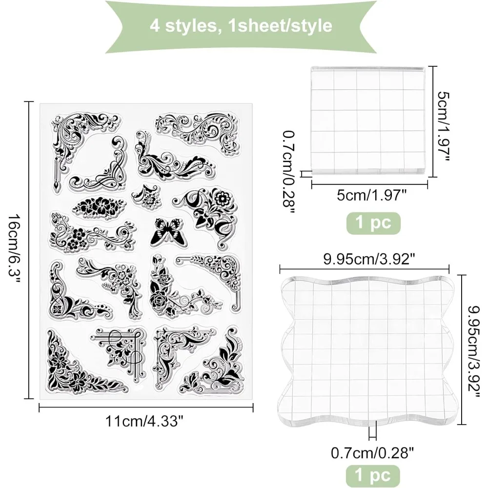 4Sheet Flower Corner Silicone Clear Stamp with 2 Acrylic Block Plant Transparent Silicone Stamp for Scrapbook Journal Mother's