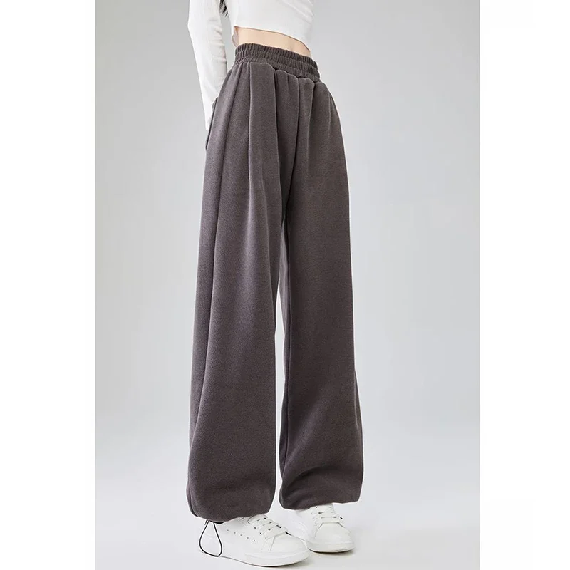 Pantalones clásicos grises de cintura alta para mujer, cómodos pantalones de chándal de pierna recta, pantalones lisos con cordón a la moda para mujer