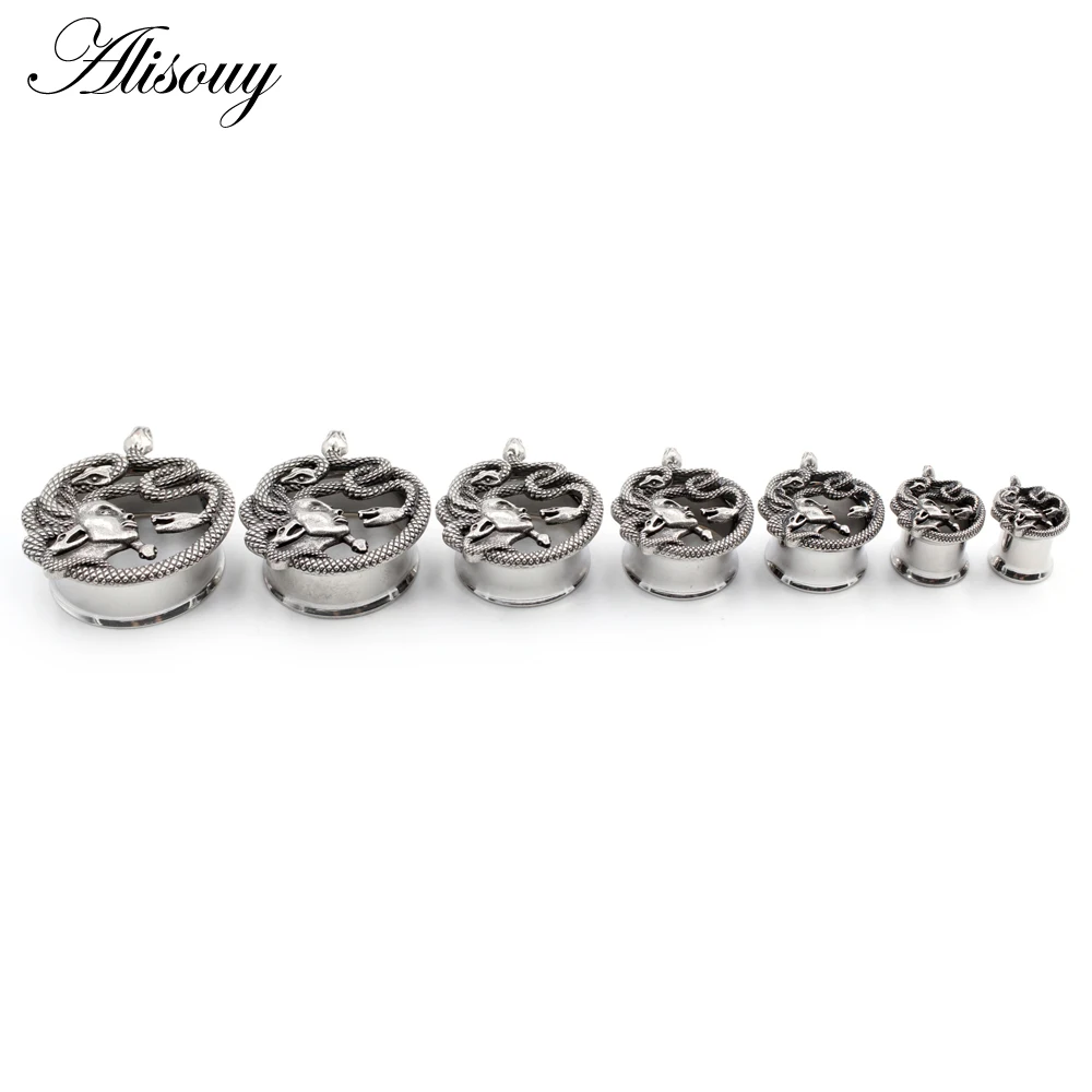 Alisouy 2pcs 6-25mm Retro Unique Stainless Steel Snake Head Ear Tunnels Plugs Expander Stretcher Gauges Body Piercing Jewelry