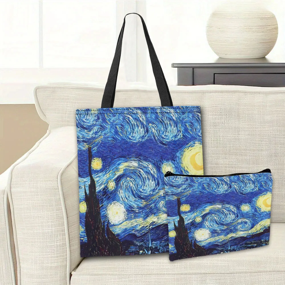 Van Gogh Series Tote Bag Cosmetic Pouch Oil Painting Starry Night Sunflower Travel Handbag Practical Combination Shopping Bags