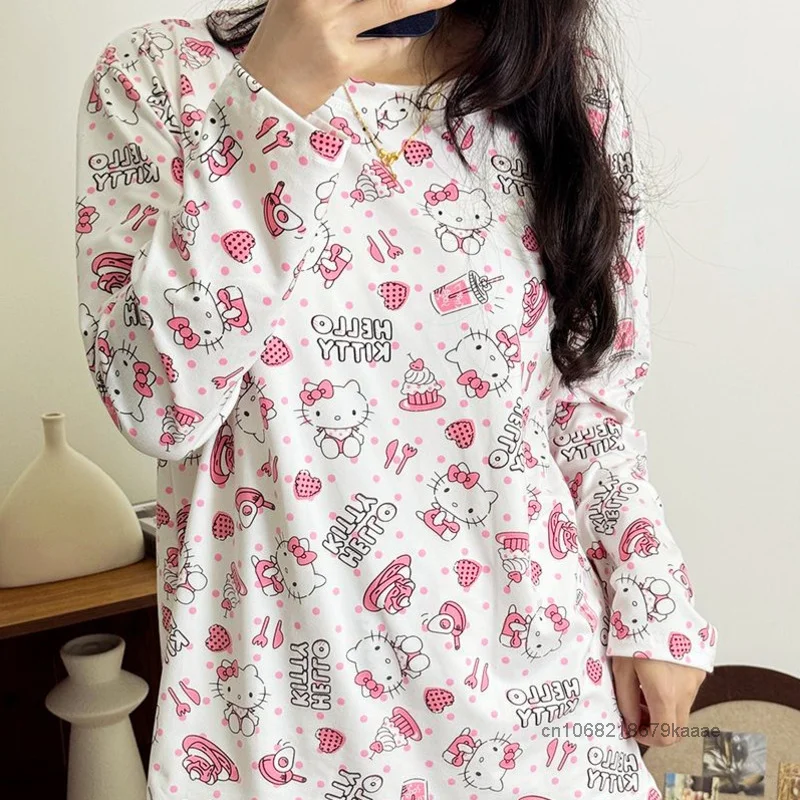 Sanrio Hello Kitty Korean Version Cute Pajamas Women New Long Sleeved Pants Casual Home Clothes Set Sweet Y2k Girl Style Pajamas