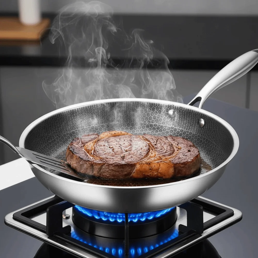 26/28/30cm Stainless Steel Frying Pan Durable Non-coated Surface Honeycomb Stir-Fry Pan Thickened Base Multi-functional