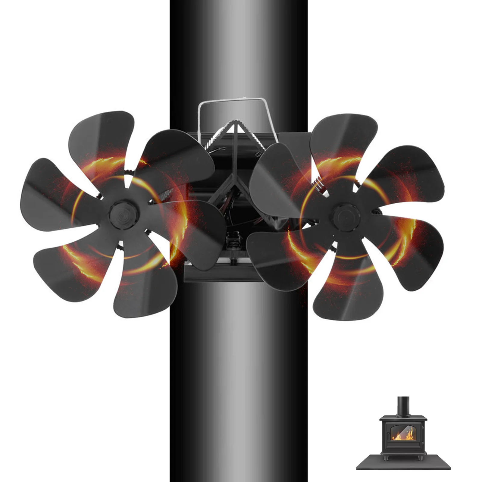 Silent Operation Fireplace Fan, Wall Mounted Double Head 12 Blade Furnace Fan, Enhances Heat Circulation, Increases Comfort