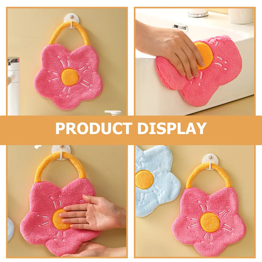 Hanging Hand Towel Coral Fleece Bright Flower Pattern Adorable Texture Easy Clean Water Absorbing for Bathroom Kitchen Use Daily