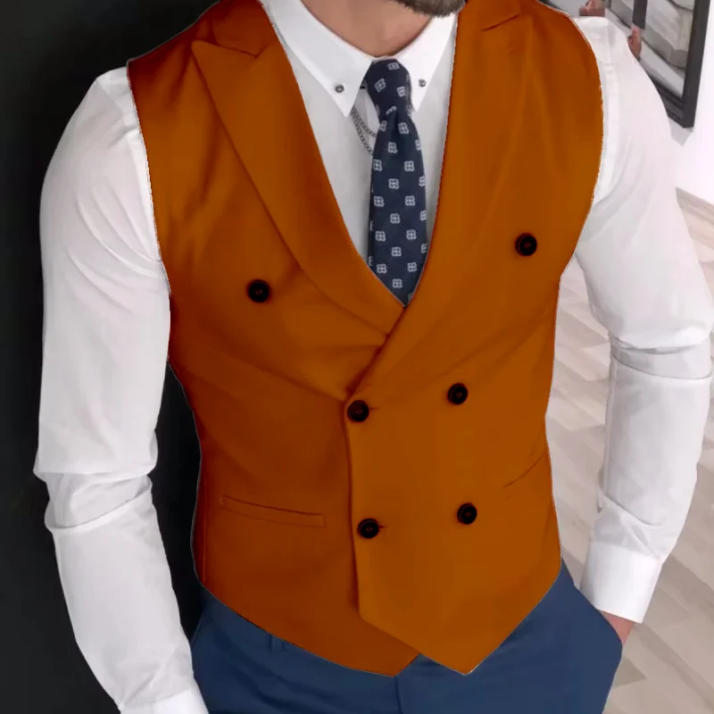 Lansboter Men Vest Pink Solid Double Button With Lapel Business Casual Waistcoat For Wedding Banquet Work Set Men Suit Vest