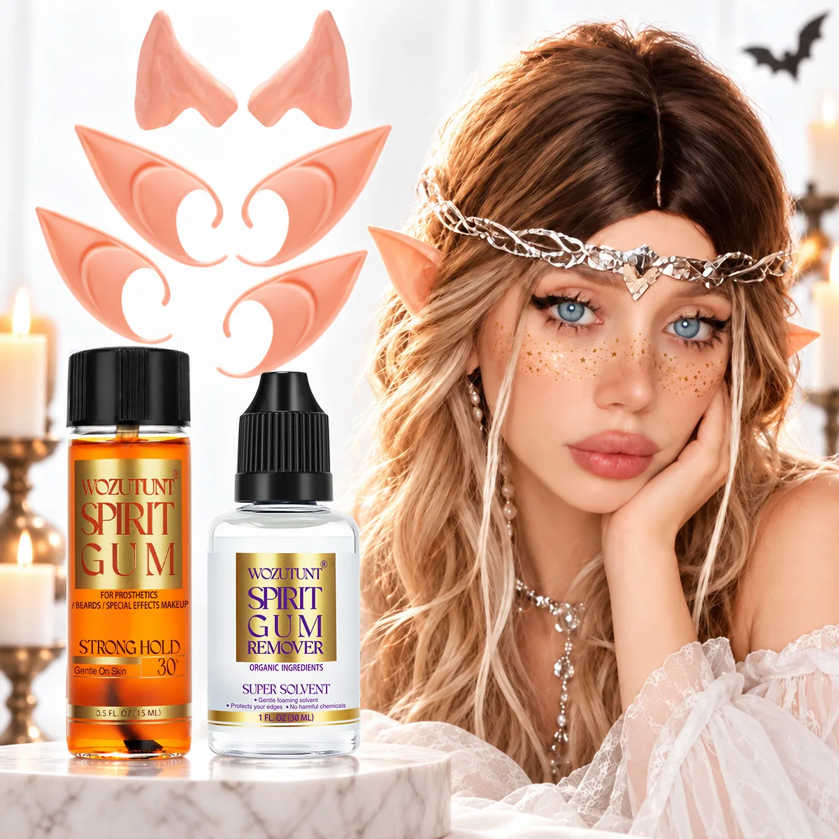 Spirit Gum and Spirit Gum Remover & Elf Ears Cosplay Set , Latex Fairy Elf Ears for Halloween Party SFX Makeup Costume Accessory