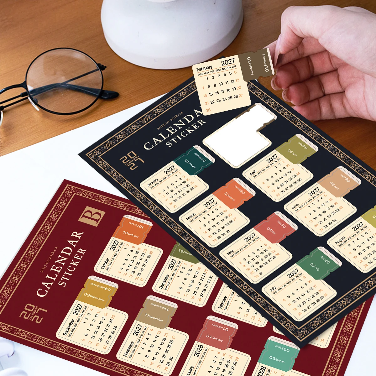 2sheets 2027 Calendar Stickers,Covers Month From January 2027 To April 2028,For Scrapbook Project,Desk Accessory For Home Office