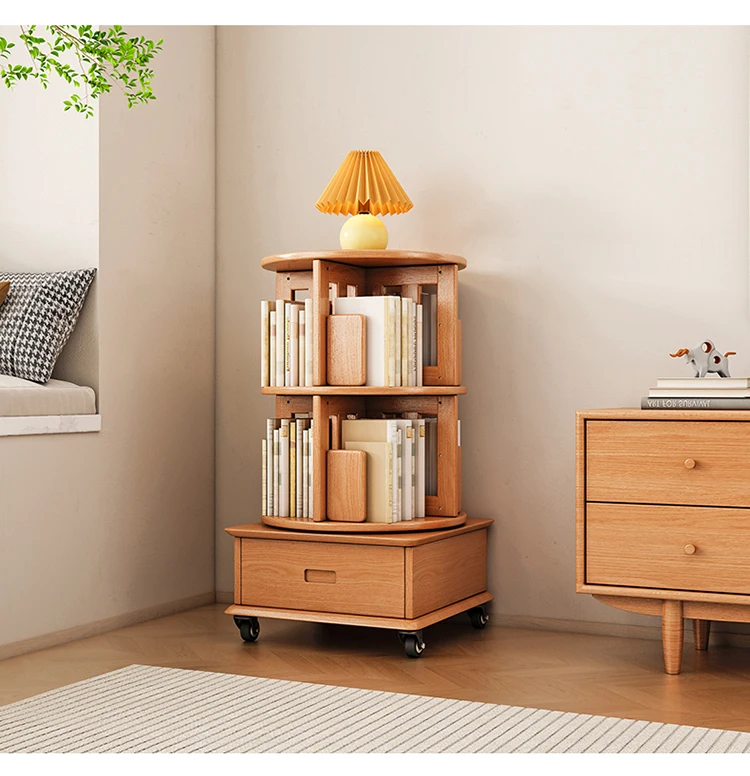 

Solid wood bedside table bedroom household small storage locker rotating bookshelf with wheel movable shelf