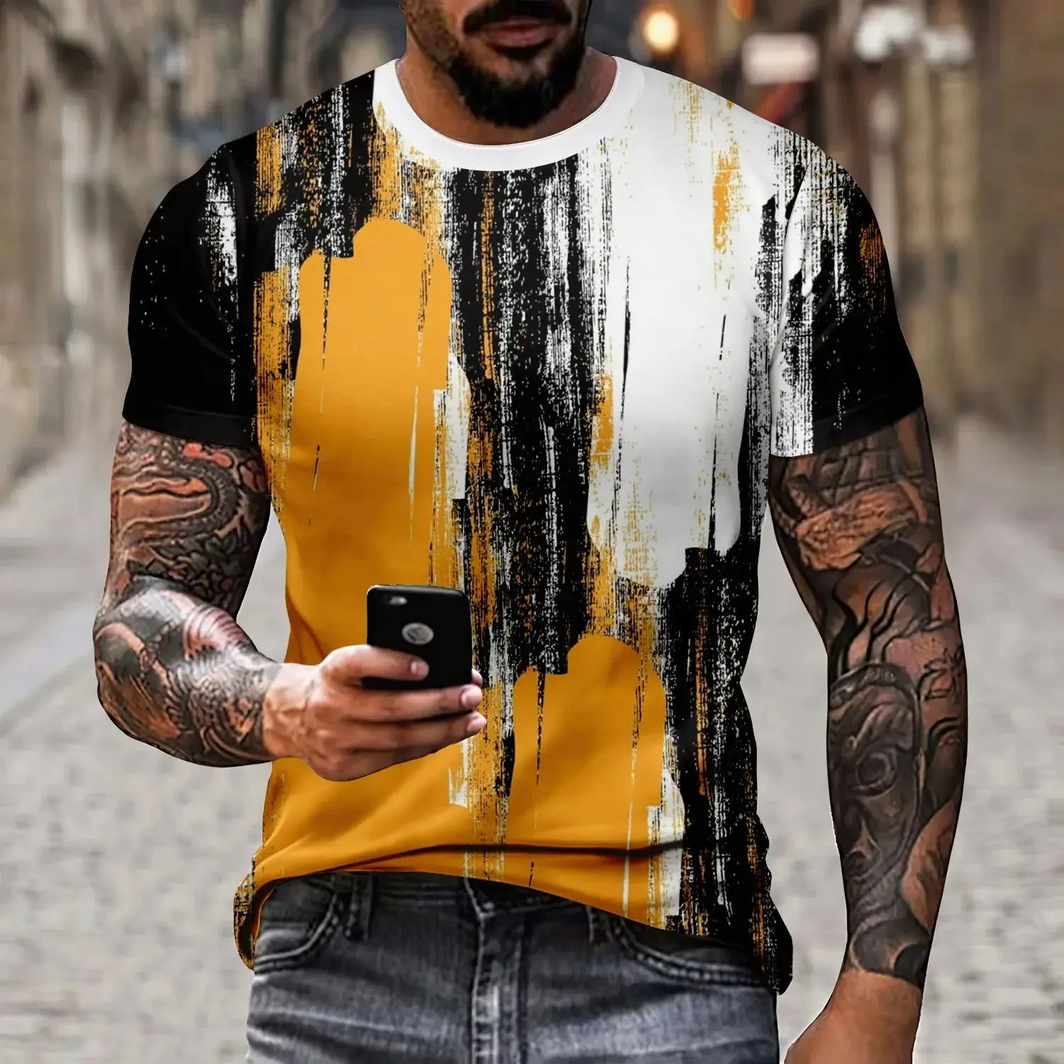 Cool Spliced Men's T-Shirt Retro Short Sleeved Tees 2024 New Men Clothing Plaid Pattern Printed T-Shirts Oversized European Tops