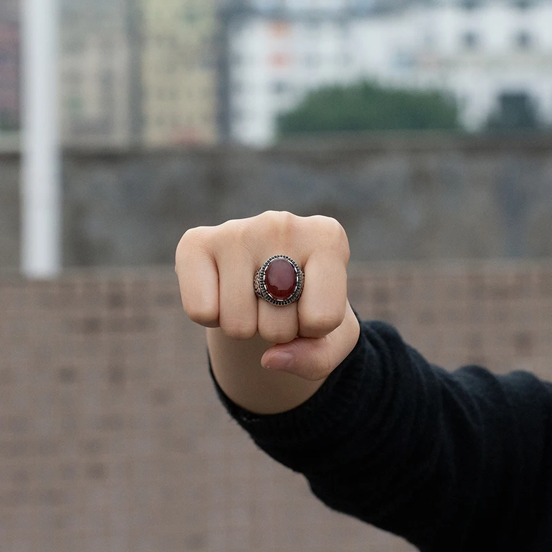 925 Sterling Silver Mens Ring Black Red Agate Oval Stone Handmade Vintage Hand Ring Jewelry