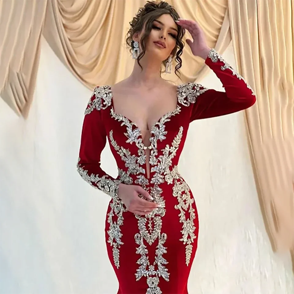 Customized Burgundy Sequin Beaded Sweetheart Mermaid Wedding Dresses 2024 Long Sleeves Sweep Train Tulle Bridal Gowns For Women