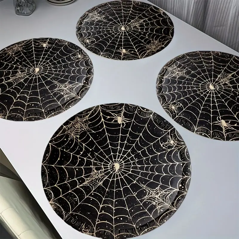VIKAMA Hot Pot Gold Spider Web Spider Round Meal Mat Thermal Insulation Fabric Table Mat Retro Gothic Halloween Table Decor