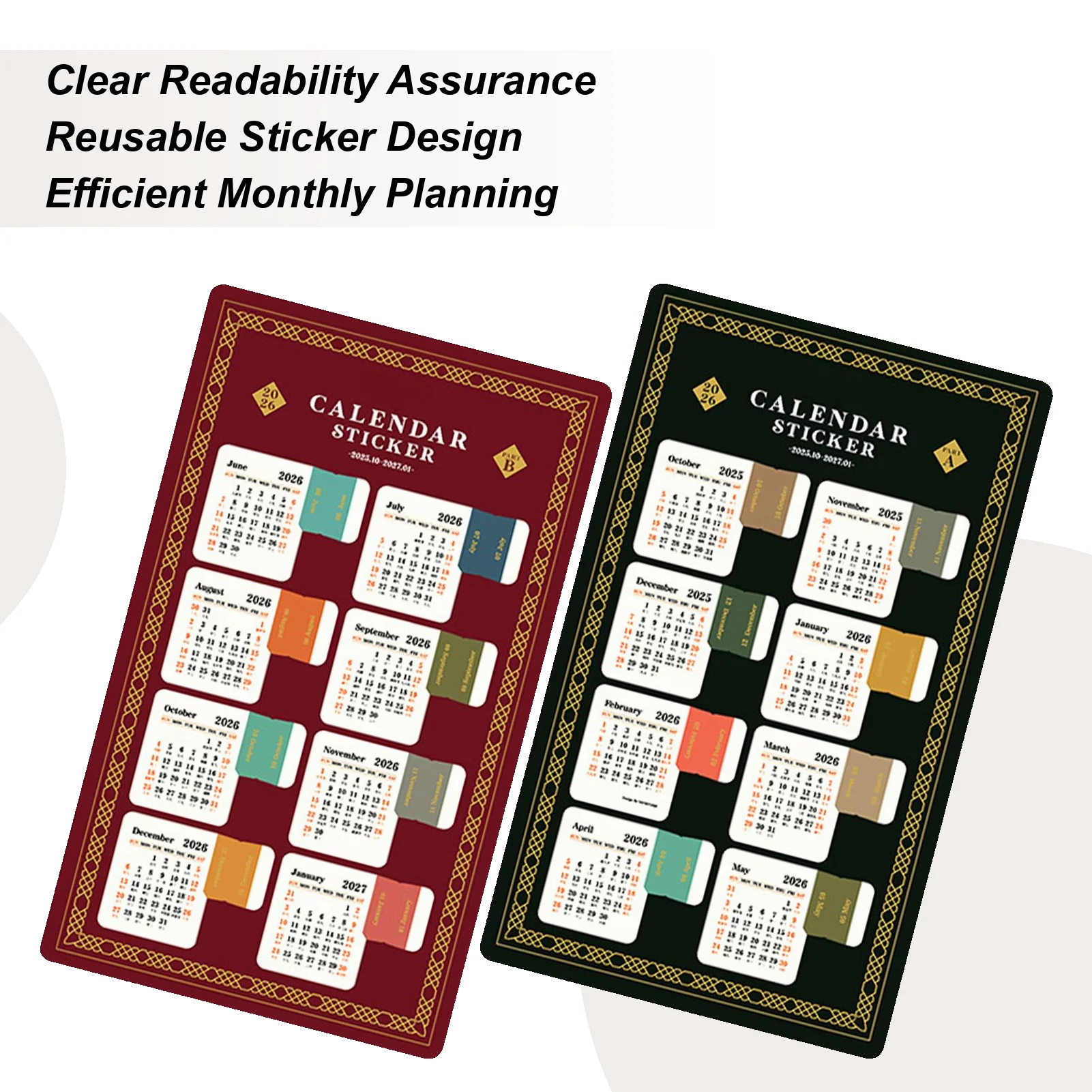 Month Stickers for Planner 2 Pieces 2026 Waterproof Daily Monthly Planner Date Stickers Adhesive Tabs for Holiday Office