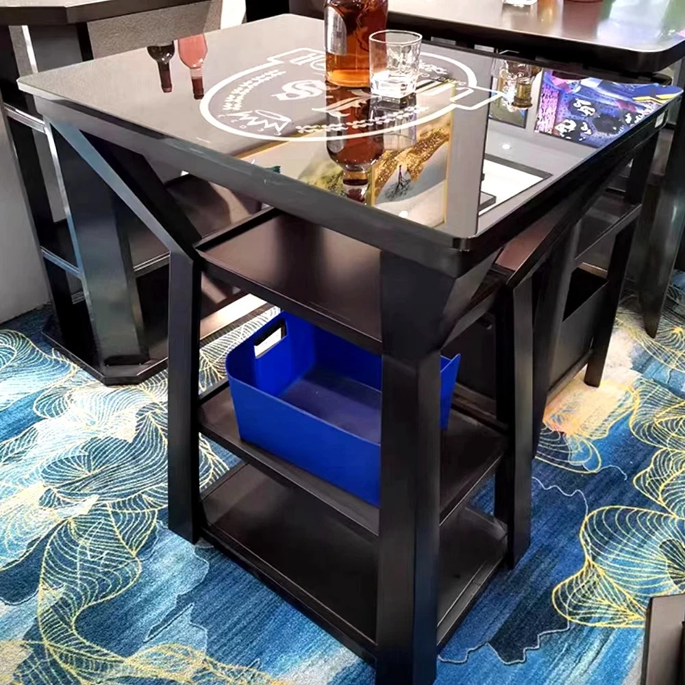 Mesa suelta para club, muebles de asiento suelto, mesa alta multiusos de metal personalizada, mesas y sillas de bar de titanio negro con tarjeta alta