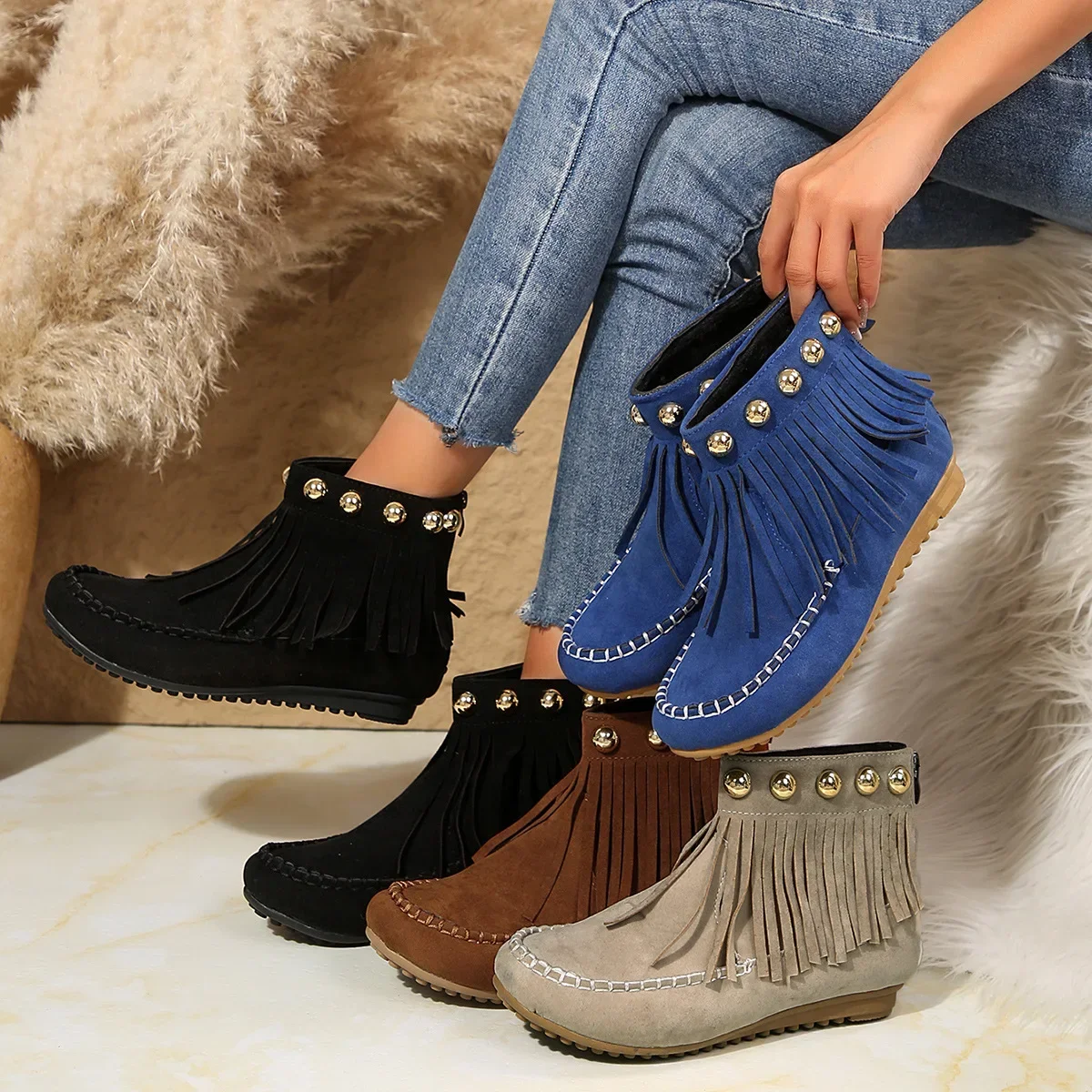 Large Size Comfort Short Tube Tassel Boots Female Winter New Sweet Versatile Suede Flat Botas Mujer Shoes High  Zapatos De Mujer