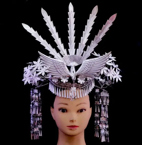 

Chinese Miao Festival Performance Headwear Five-tailed Phoenix Hmongb Women Sliver Hairpin Folk