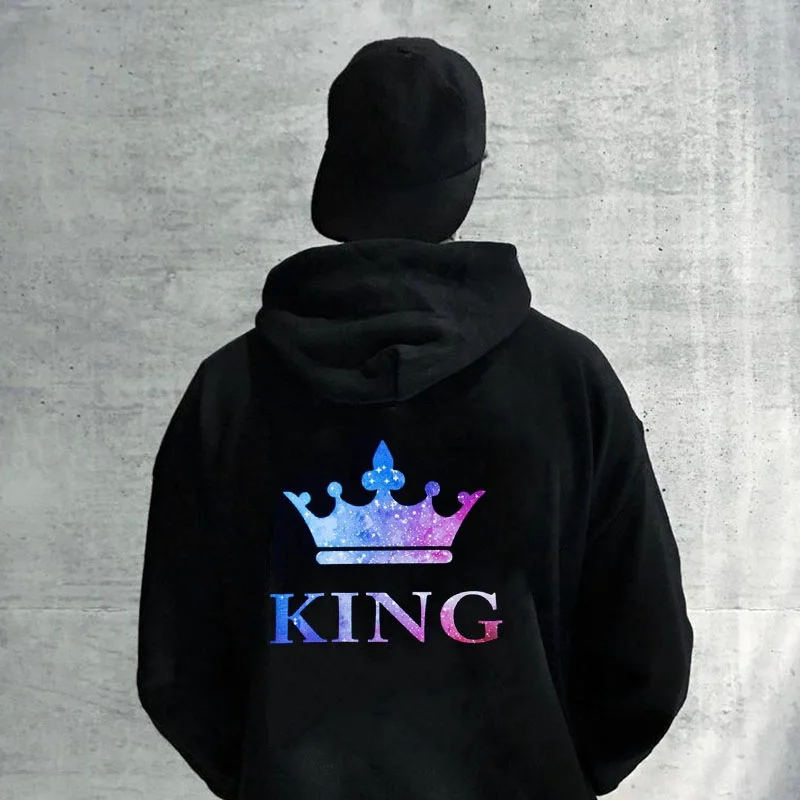 New Couples QUEEN KING Print Hooded Long Sleeve Women Men Couple Sweatshirt Pullover Hoodies