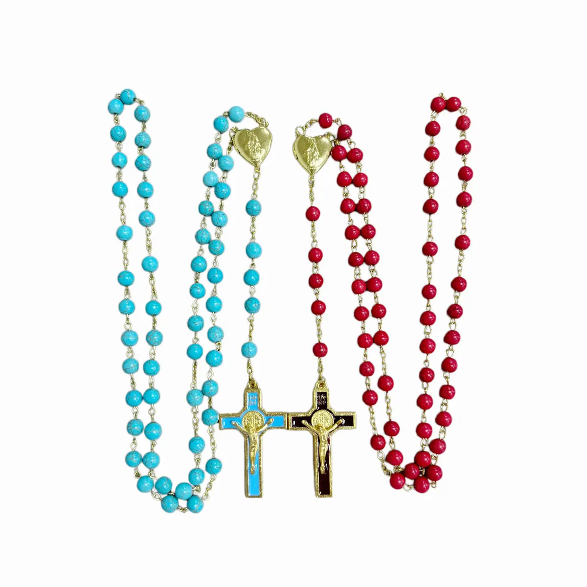 Catholic Rosary Necklace Set with Carved Stone Beads Sacred Heart Locket Jesus Crucifix - Religious Prayer Jewelry